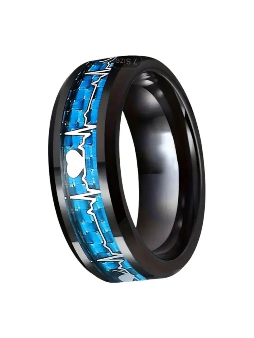 Men's Heartbeat Pattern Stainless Steel Ring 8mm Carbon Fiber Inlaid NWT Wed sz7